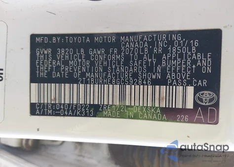 2016 Toyota Corolla S Plus from USA, damaged, VIN 2T1BURHE8GC592846